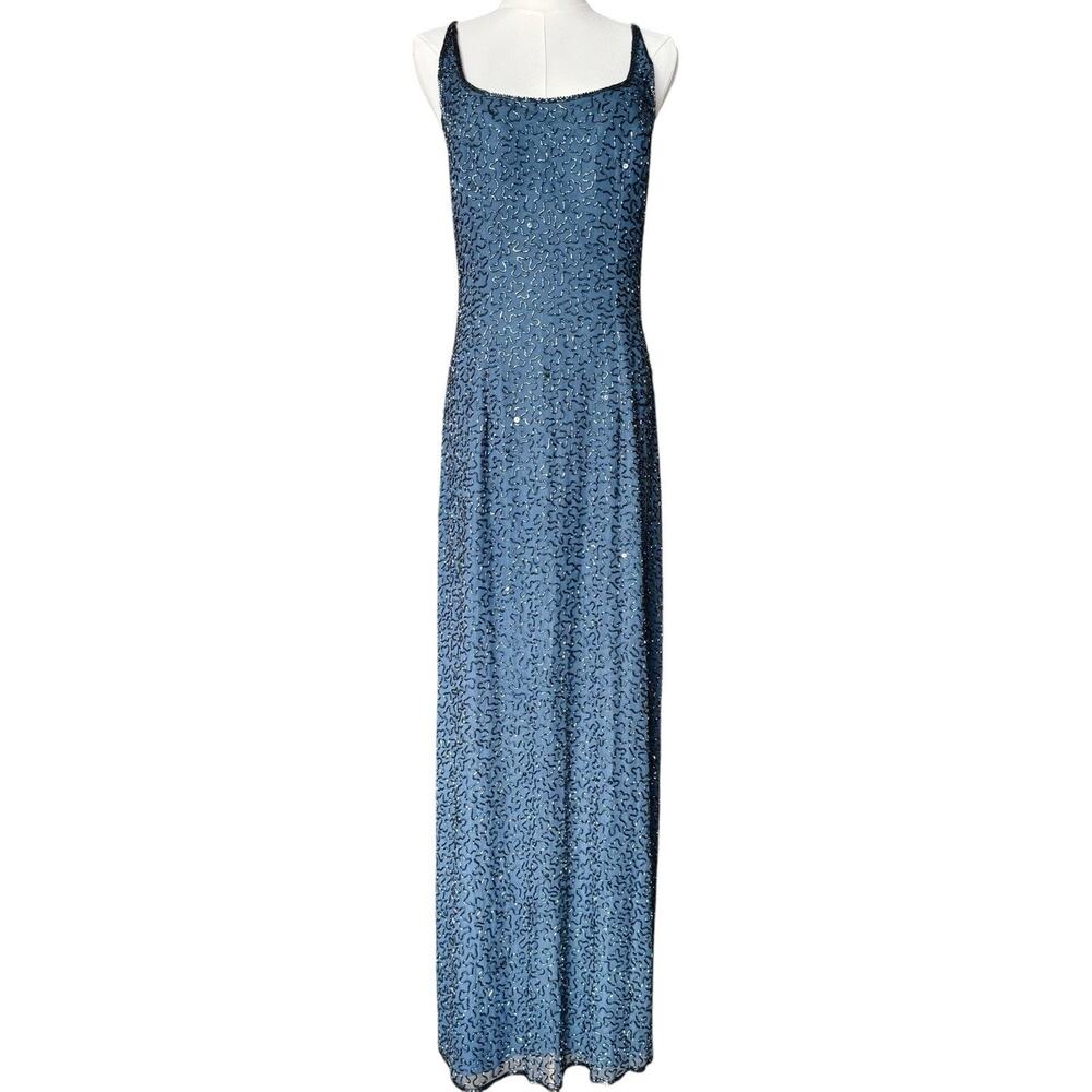 VTG Sean Collection 100% Silk Navy Beaded Evening Formal Gown Spaghetti Strap